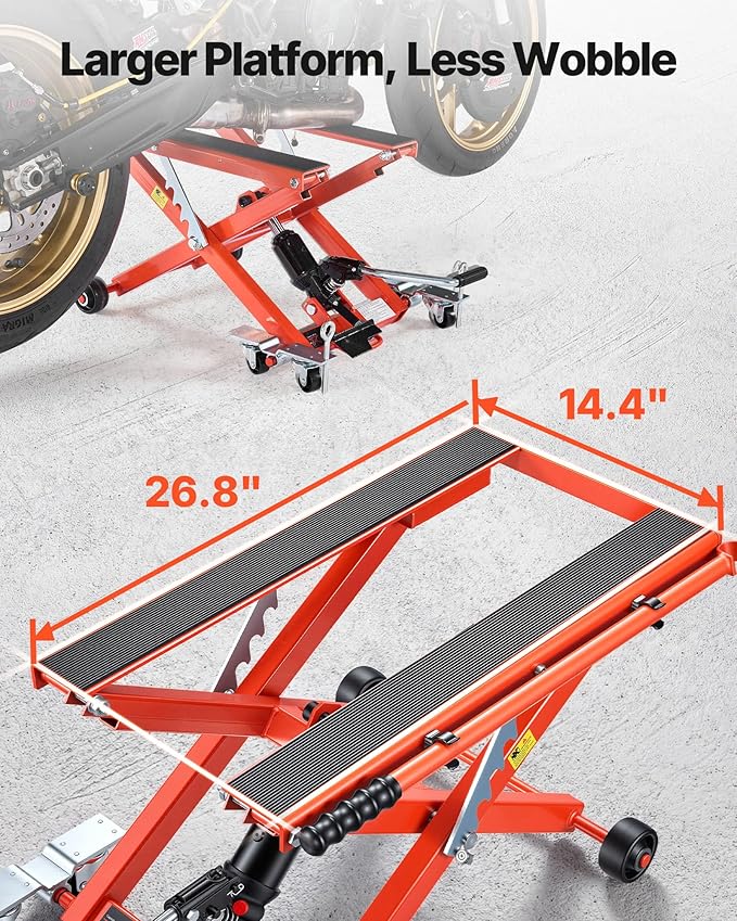 VEVOR Hydraulic Motorcycle Lift Jack, 1100 lbs Capacity, Scissor Lift Jack Portable Motorcycle Hoist Stand with 6 Wheels, 4.72"-15.15" Height Range, Hydraulic Foot-Operated Hoist Stand for Dirt Bikes