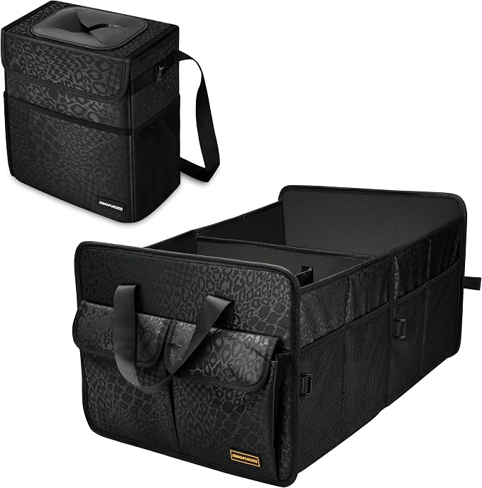 SIBOFUEGO Car Storage Combo – 70L Trunk Organizer & Leak-Proof Trash Can (Black Leopard)