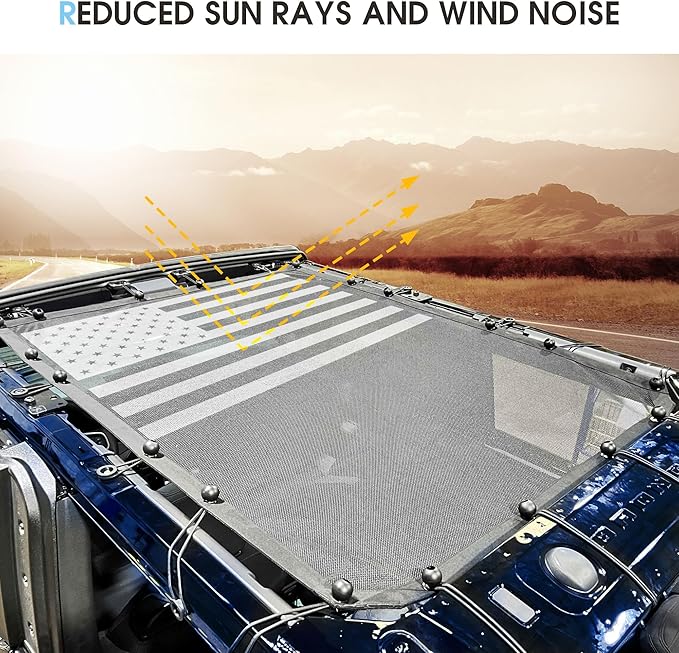 sukemichi 2 Door Sunshade for Ford Bronco,Mesh Sun Shade Bikini Top Cover Bimini Top for Ford Bronco Accessories 2021 2022 2023 2024 2025 2026 2 Door - Blocks UV, Wind, Noise(Flag)