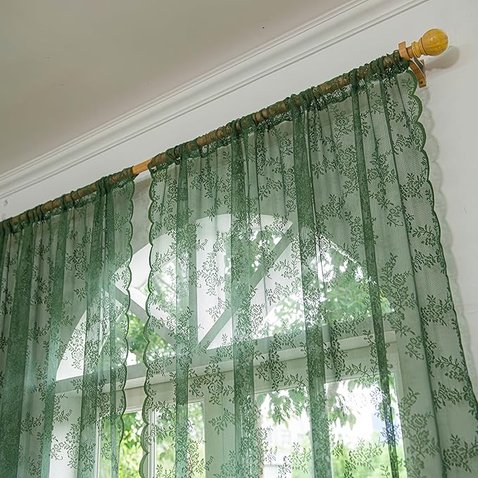 Sutuo Home Olive Green Lace Curtains 2 Panels Set for Bedroom Living Room 108 Inches Long, Sheer Privacy Light Filter Vintage Floral Embroidery Window Treatment Pair Decor, Rod Pocket, W57 x L108