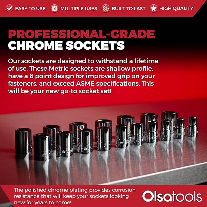 Olsa Tools Metric Shallow Socket Set - 1/2-Inch Drive, 18pc - 6-Point Chrome Sockets from 10mm–27mm and No Skipped Sizes - Mechanic Shallow Metric Socket Set - Professional Grade Sockets - Part: 1326