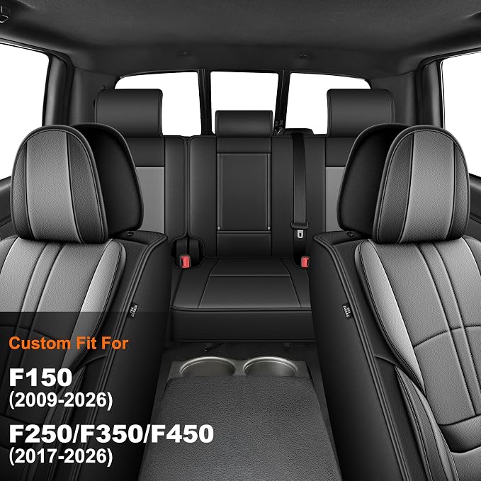 for Ford F150 Seat Covers 2009-2024 2025 2026 | F250 F350 F450 2017-2025 2026 Seat Covers Super Duty, Leather Waterproof, Custom Fit for Ford(2 Front Set, Black & Grey)