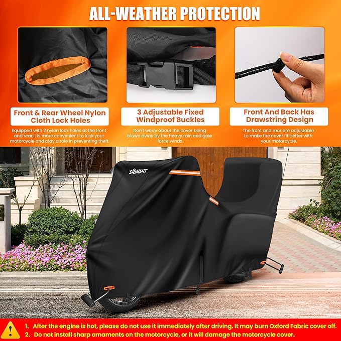 Motorcycle Cover with Side + Top Box, 420D Heavy Duty Nano-Coated, Touring Bike Cover, 5 Reflective Strips,Air Vents,3 Windproof Buckles,Antenna Zipper