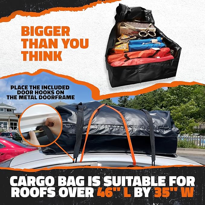 Mockins 16 Cu Ft No Rack Rooftop Cargo Carrier Bag | 45"x34"x18" Weatherproof Rooftop Cargo Bag for Top of Car | Car Topper Luggage Carrier Waterproof Set w/Accessories | Vehicle Soft-Shell Carriers