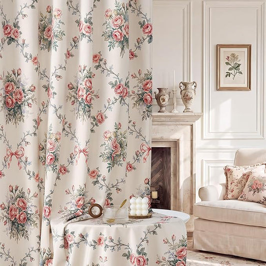 StangH French Country Rose Floral Velvet Curtains, Cream Shabby Chic Ribbon Bow Printed Window Drapes Romantic Privacy Panels for Girls Room Nursery, W52 x L84, 2 Panels