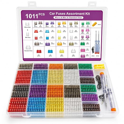 1011-Piece Universal Zinc Flake Car Fuse Set - 410 Standard, 410 Mini & 185 Micro Fuses (2A-40A), with 2 Removal Tools, 2 Testers & 2 Clips - Compatible with Cars, Trucks, RVs, Boats etc.