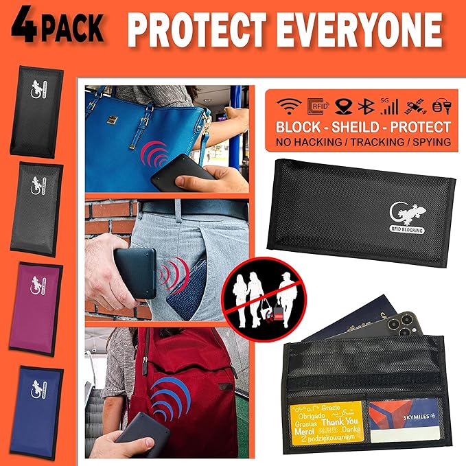 4 Faraday Bag Anti-Tracking GPS RFID Car Key Signal Blocker Wallet Shielding Pouch Protective Case for Cell Phone Car Key FOB, Data Privacy, Electronic Device Security (4 PACK - FAMILY PACK)