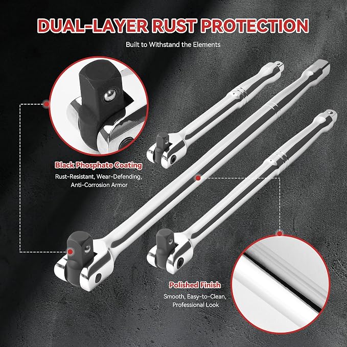 10PC Breaker Bar Set, Dual-end 3 Extension Bars, 3/8", 1/2" 1/4" Drive | 3/8", 1/2" and 1/4" Drive, 180° Rotatable Head, 6'', 10'', 15'' Length, 3 Extension Bars, Organizer Case