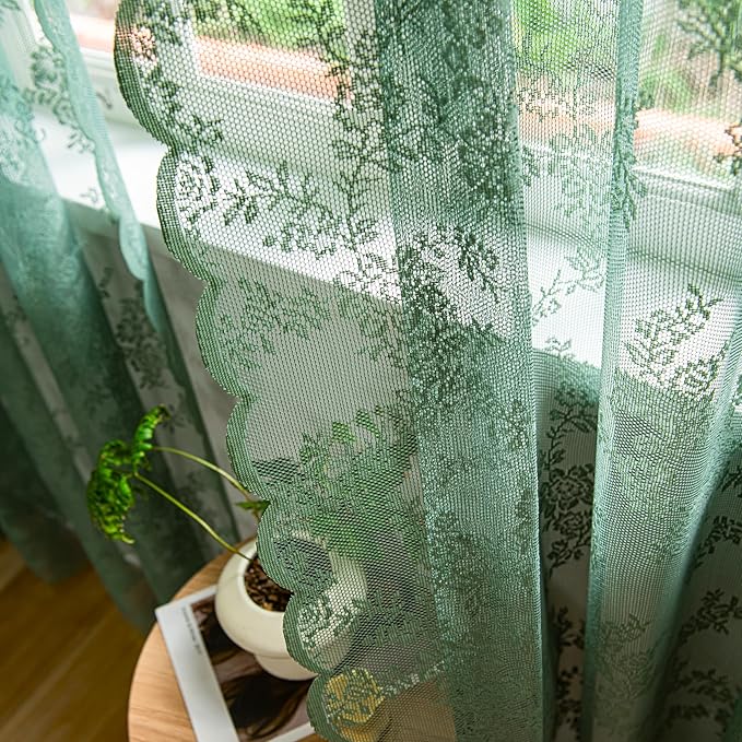Sutuo Home Olive Green Lace Curtains 63 Inches Long 2 Panels, Sheer Floral Embroidery Ruffled Vintage Window Treatment Pair for Bedroom Kitchen Christmas Decor 1 Pair Set, Rod Pocket, W57 x L63