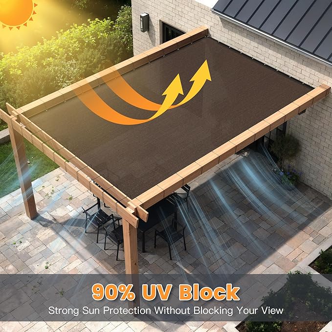 90% Sun Shade Cloth with Grommets, Customizing Outdoor Pergola Shade Cover, Heavy-Duty Mesh Tarp Patio Sun Screen for Lawn Garden Backyard, 7X10 FT, Mocha