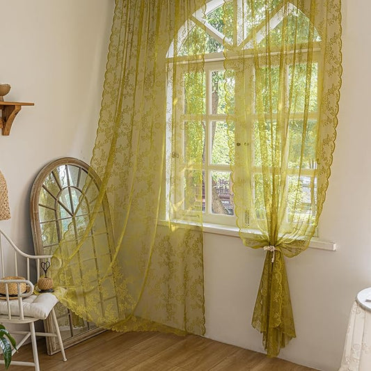 Sutuo Home Sage Green Lace Curtains for Bedroom Living Room 96 Inches Long 2 Panels, Boho Sheer Rose Floral Embroidery Ruffled Vintage Window Treatment Pair Xmas Decor, Rod Pocket, W57 x L96