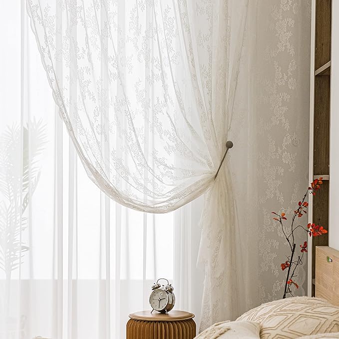 Sutuo Home White Lace Curtains 84 Inches Long 2 Panels Set, Victorian Sheer Country Retro Florals Vintage Voile Window Treatment for Girls Bedroom/Living Room/Old World Decor Rod Pocket W57 x L84