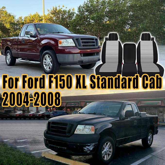 Front Durable Fabric Seat Covers for Ford F150 XL XLT Standard Cab 2004 2005 2006 2007 2008, Front 40/20/40 Split Bench with Integrated Seatbelts & Solid Armrest-Gray