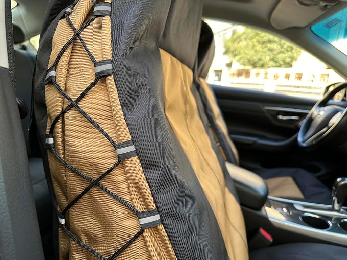 Tan Seat Covers for Cars Trucks SUV, Universal Canvas Tactical Multi-Pockets Organizers Rain Defender, Waterproof Seat Protectors Front Set (Tan Black)