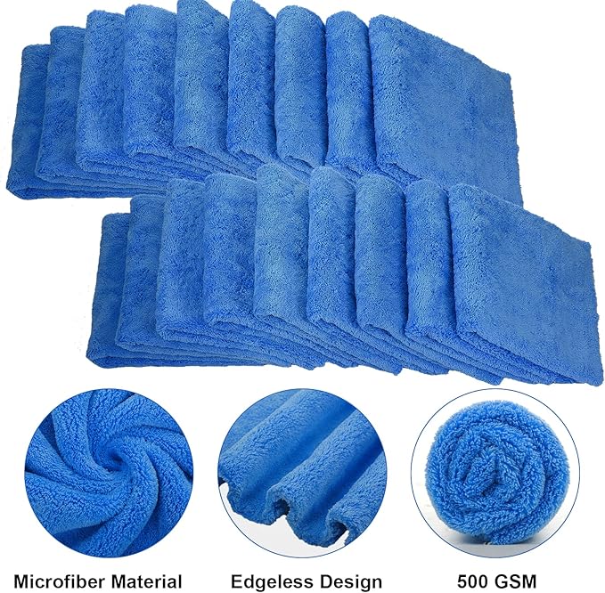 Shimeyao 30 Pcs Edgeless Microfiber Plush Towels for Cars Detailing Drying Wash Polishing Absorbent Cleaning Cloths, 500 GSM (16 x 16 Inch,Dark Blue)