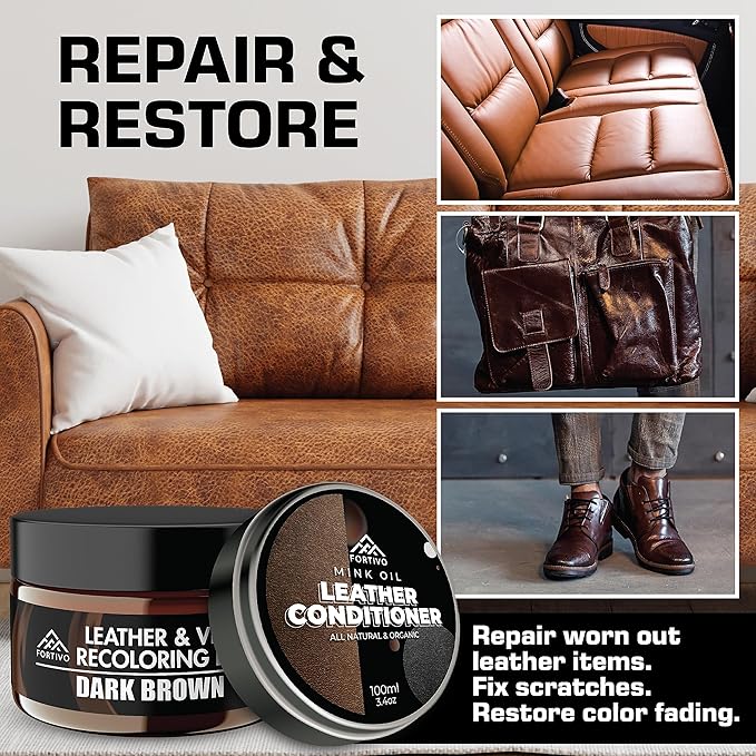 FORTIVO Leather Recoloring Balm with Mink Oil, Couch Repair Kit, Leather Dye and Restorer for Furniture - Camel