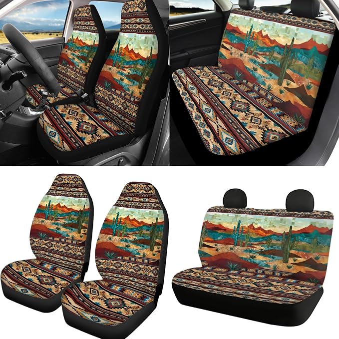 Aztec Cactus Car Seat Covers Full Set with Steering Wheel Cover Shoulder Pads, Breathable Auto Seat Covers for Cars Stretchy Car Seat Protector Universal Fit Most Cars SUV, Brown
