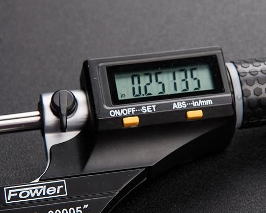 Fowler 54-860-001-1, Digital Coolant Resistant Micrometer with 0-1"/25mm Measuring Range, Flat Anvil & Spindle, Black/Gray