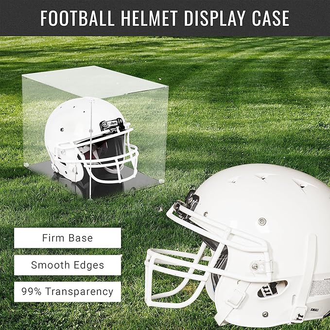 Football Helmet Display Case to Proudly Display your Team – Crystal Acrylic Dust and UV Protection Helmet Case with Black Base, Self-Assembly Clear Display Box for Football