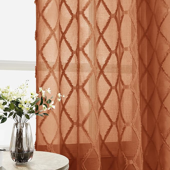 Hokibero Extra Long 120 Inch Rust Curtains for Bedroom Living Room Back Tab Light Filtering Sheer Curtains Geometric Embroidered Tuft Pom Window Treatment for Dining Room 10ft Fall Boho Decor