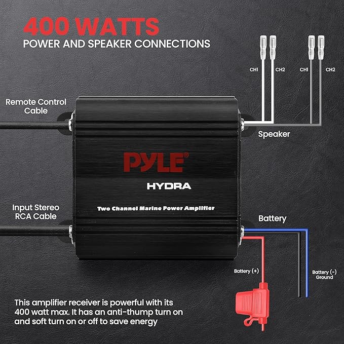 Pyle 2-Channel Marine Amplifier, 400W Waterproof Amplifier for Boat Stereo Systems, Compact Marine Audio Amplifier with Wired Volume Control, RCA/AUX/MP3 Input, Weatherproof Design for Outdoor Use