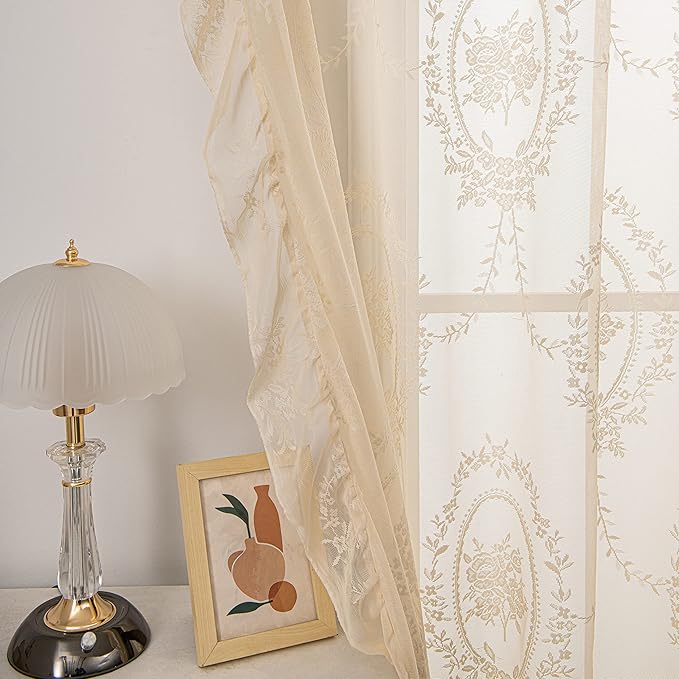 Sutuo Home Beige Lace Curtains Set of 2, Sheer Panels 63 Inch Length Rose Floral Embroidery Vintage Voile Window Treatment Pair for Bedroom Living Room, Shabby Chic Decor Rod Pocket, W57 x L63