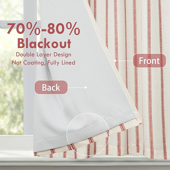 DriftAway Farmhouse Double Layer Linen Blackout Tie Up Curtains Thermal Insulated Vertical Striped Fully Lined Balloon Roman Shade Bathroom Window Adjustable Rod Pocket 25 Inch by 47 Inch Red