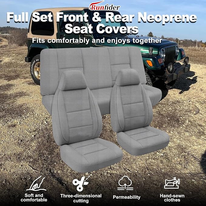 Custom Seat Covers for Jeep Wrangler TJ 1997 1998 1999 2000 2001 2002 Heavy Duty Cloth Protector Interior Accessories，Waterproof & Machine Washable, Foam Padded - Gray（Front & Rear）