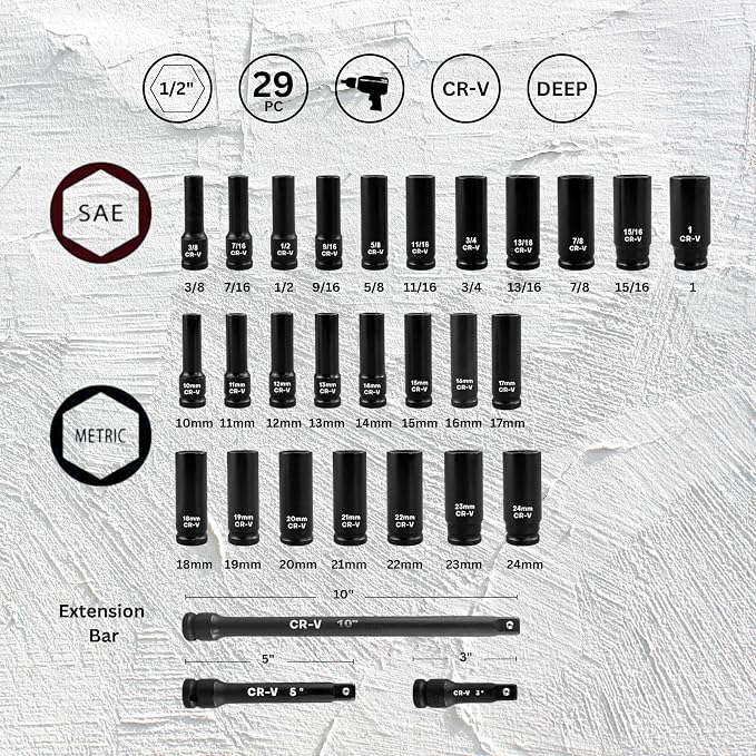 1/2" Drive Impact Socket Set,29-Pieces Metric (10-24mm) and SAE (3/8 to 1 inch) Sizes with 3", 5", 10" Extension bars,Deep, 6 Point,Cr-V Steel(1/2" Socket Set, Metric and SAE, 29pcs)