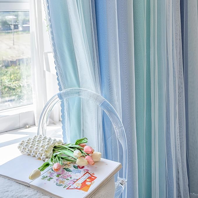 XiDi Blakout Curtains with Sheer Overlay 84 Inches Long for Bedroom 2 Panels Double Layer Rainbow Curtains for Nursery Kid Room Thermal Insulated Room Darkening Grommet Drapes Blue Green Grey 52Wx84L