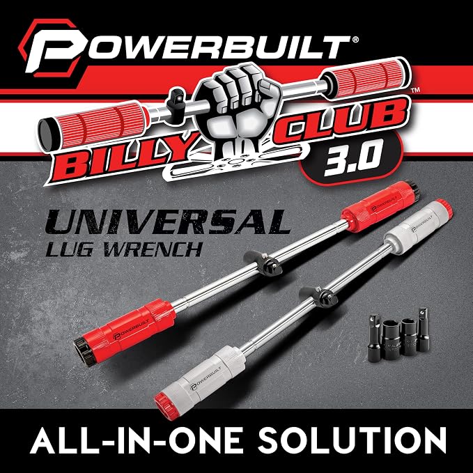 Powerbuilt Billy Club Universal Lug Wrench with Socket Storage, SAE and Metric, Remove Lug Nuts Tire Wheels - Gen-3 643045ECE