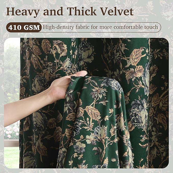 StangH Vintage Green Velvet Curtains 96 Inches, Two-Layer 100% Blackout Floral Drapes with Bronze Grommet Thick Thermal Insulated Patterned Curtains for Bedroom, W52 x L96, 2 Panels