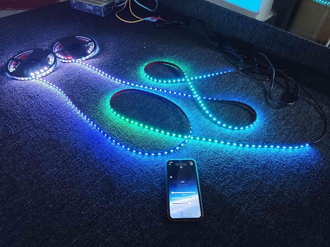 2PCS 3FT Rolls RGB Dream Color Chasing Flow Breath Strobe LEDs Tinted Full Black Out PCB Smoked Light Strips Bluetooth Remote Ctrl for Car Truck Slingshot Wheel Hood Grille Lights