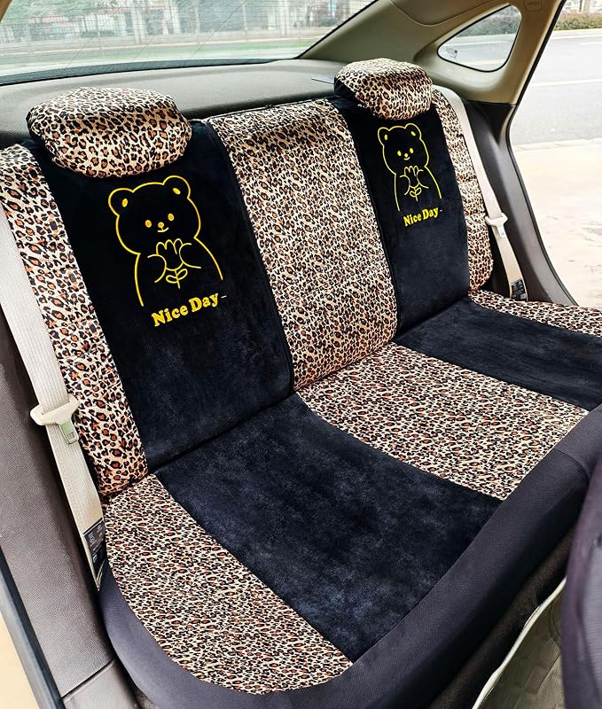 Cute Bear Leopard Print Car Seat Covers For Women,Universal Full Set (Bear) | Lovely Embroidered Cartoon Design For Daily Driving, Universal Fit For Most Cars, Soft Short Flannel With Stretch Backing