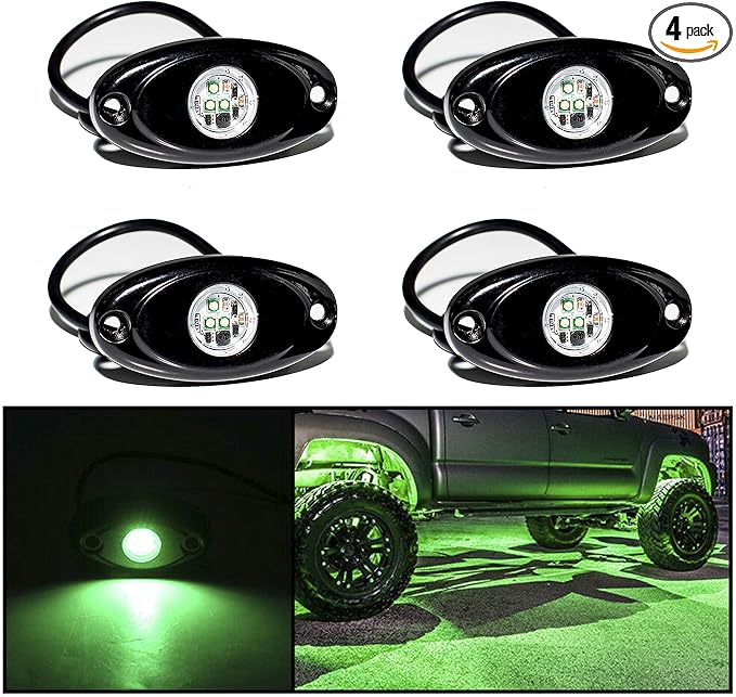 YONEDA 4 Pods Greem Rock Lights 6000K 3LED Bright LED Underglow Lights IP68 Waterproof for Trucks SUV UTV ATV RZR Car Boats Pickup Motorcycle