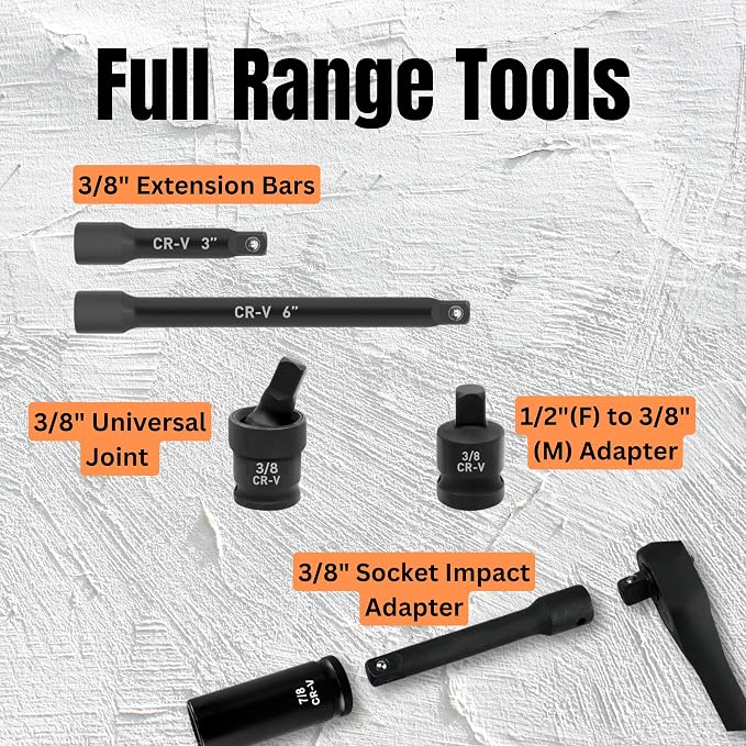 3/8" Drive Impact Socket Set, 50-Piece Standard SAE (5/16 to 3/4 inch) and Metric (8-22mm),6 Point, with Ratchet Handle, Extension Bar (3/8" Socket Set, Metric and SAE, 50pcs)