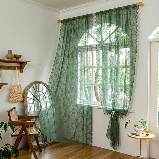 Sutuo Home Lace Curtains 72 Inches Long 2 Panels Set for Bedroom Living Room, Sheer Floral Embroidery Country Farmhouse Window Treatment Pair Christmas Decor, Rod Pocket, W57 x L72,Olive Green