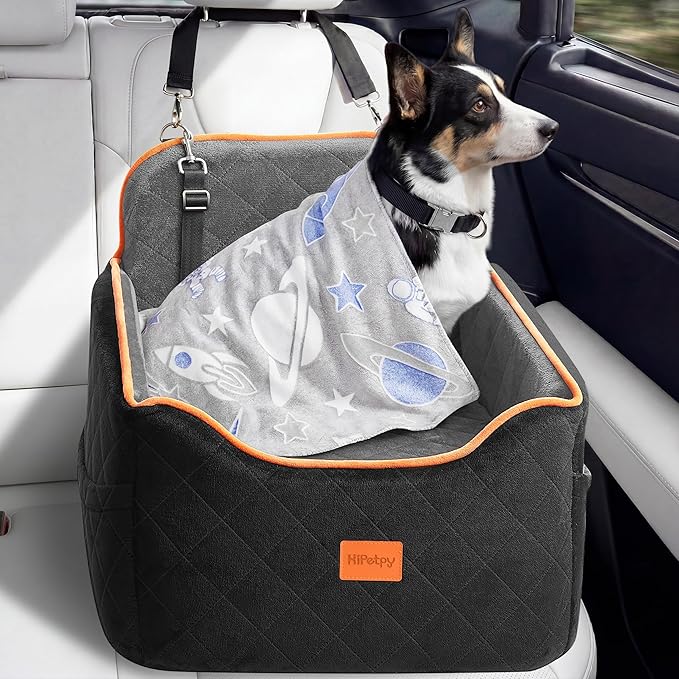 HiPetpy Dog Car Seat for Small Dog, Booster Seat for Dogs Under 30lb, 6" Elevated Pet Seat with Pockets, Anti-Slip Bed for Car, Perfect for Front & Back Seats with Safety Leash (Black/Grey, Medium)