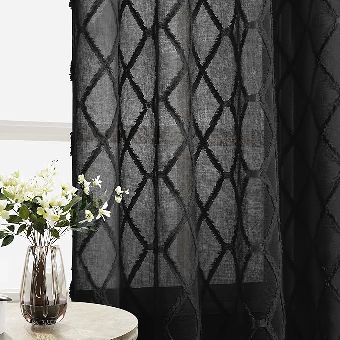 Black Sheer Curtains 96 Inches Long for Living Room 2 Panels Back Tab Light Filtering Privacy Diamond Patterbed Drapes Fluffy Tufted Modern Farmhouse Window Curtain Elegant Decor for Bedroom 52x96