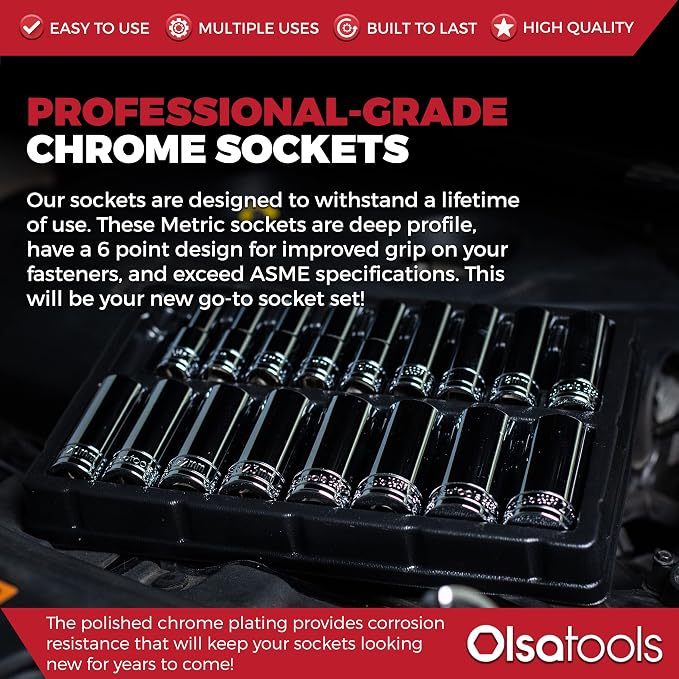Olsa Tools Metric Deep Socket Set - 1/2-Inch Drive, 18pc - 6-Point Chrome Sockets from 10mm–27mm and No Skipped Sizes - Mechanic Deep Metric Socket Set - Professional Grade Long Sockets - Part: 1325