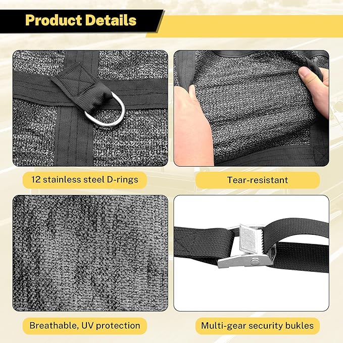 6.75'×8'Cargo Net with Mesh,Basic Waterproof,Breathable,UV Protection,4 Adjustable Straps with Carabiners & S-Hooks.Cargo Net for Pickup Truck Bed is Suitable for Trailer,Pickup Truck,Boat,Jeep,SUV
