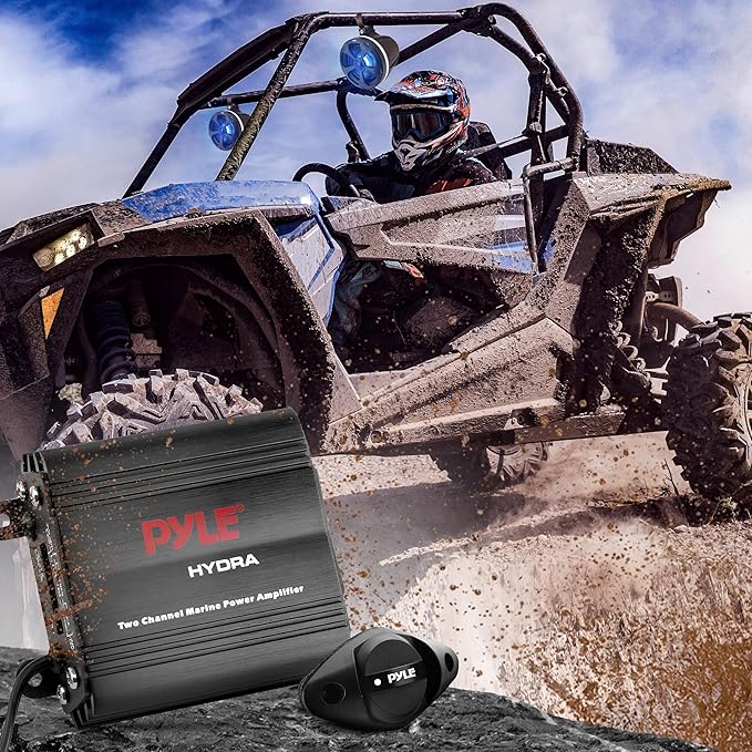 Pyle 2-Channel Marine Amplifier, 400W Waterproof Amplifier for Boat Stereo Systems, Compact Marine Audio Amplifier with Wired Volume Control, RCA/AUX/MP3 Input, Weatherproof Design for Outdoor Use