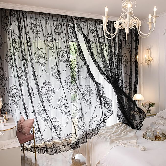 Sutuo Home Black Lace Curtains 96 Inches Long 2 Panels, Sheer Rose Floral Embroidery Ruffled Vintage Window Treatment Pair for Bedroom Living Room Gothic Halloween Decor, Rod Pocket, W57 x L96
