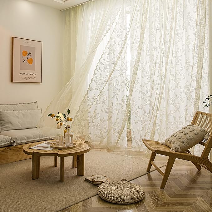 Sutuo Home Lace Curtains 63 Inches Length 2 Panels Set, Cream Yellow Sheer Country Retro Floral Vintage Beige Voile Window Panel Treatment for Bedroom/Living Room, Decor Rod Pocket W57 x L63