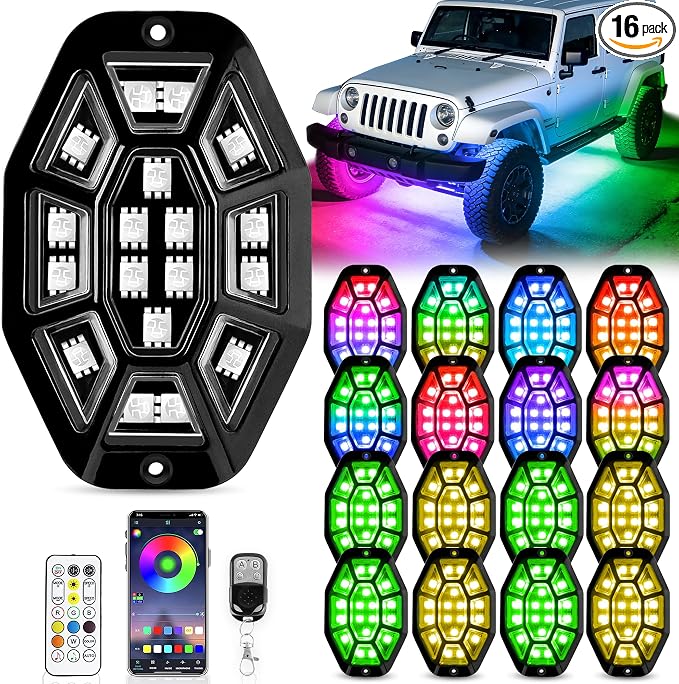 16 Pods 9 Side 288 LEDs Rock Lights, App/2 Remote Control RGB Underglow Lights Compatible with 12V Trucks Jeep UTV ATV Golf Cart,Brake Signal,Waterproof,Music Mode,Plug and Play,Multi-Color(Patented)
