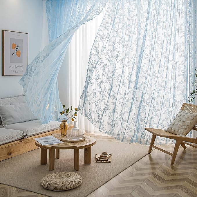 Sutuo Home Blue Lace Curtains 84 Inches Long, Set of 2 Sheer Window Curtain Panels Floral Embroidery Vintage Voile Window Panel Treatment Pair for Bedroom Living Room Kitchen Rod Pocket W57 x L84