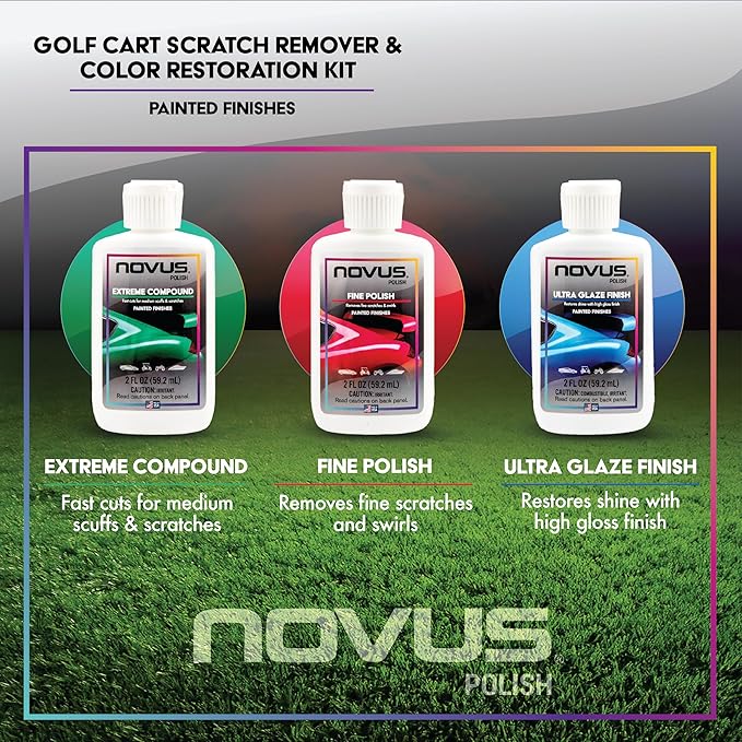 Novus Plastic Polish | Golf Cart Maintenance Kit | Includes Plastic Polish #3#2#1-2 Ounces Each, 2 Buffing Pads, Backing Drill Attachment, 3" Wool Pad, 3 Disposable Wipes