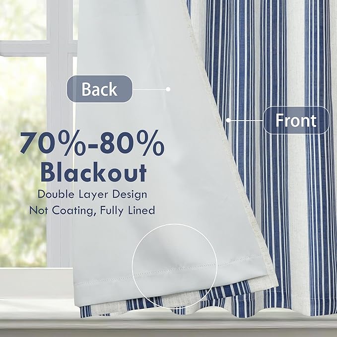 DriftAway Chris Double Layer Linen Blackout Tie Up Curtains Thermal Insulated Fully Lined Vertical Striped Balloon Roman Shade Bathroom Window Adjustable Rod Pocket 45 Inch by 63 Inch Ivory Dark Blue