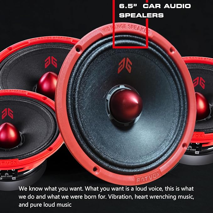 MX65E2 Loudspeaker 6.5 Inch Midrange 480 Watts 4 Ohms Red Bullet, Premium Quality Audio Door Speakers for Car or Truck Stereo Sound System, Red (2 Speakers)