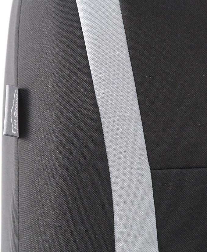 FH Group Automotive Seat Covers Unique Flat Cloth Gray Full Set, Combo Steering Wheel Cover and Seat Belt Pads Rear Solid Bench Universal Fit for Vans Cars Trucks and SUV Interior Accessories